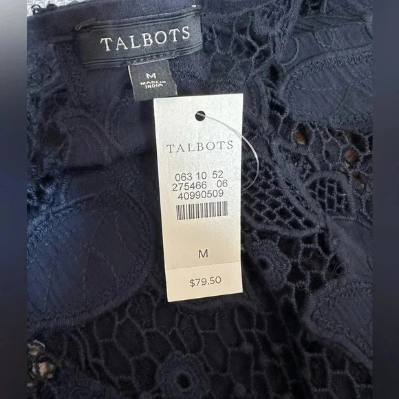 Talbots | Dark Navy Sheer Butterfly Embroidered Short Sleeve Blouse Size M NWT - Picture 3 of 3